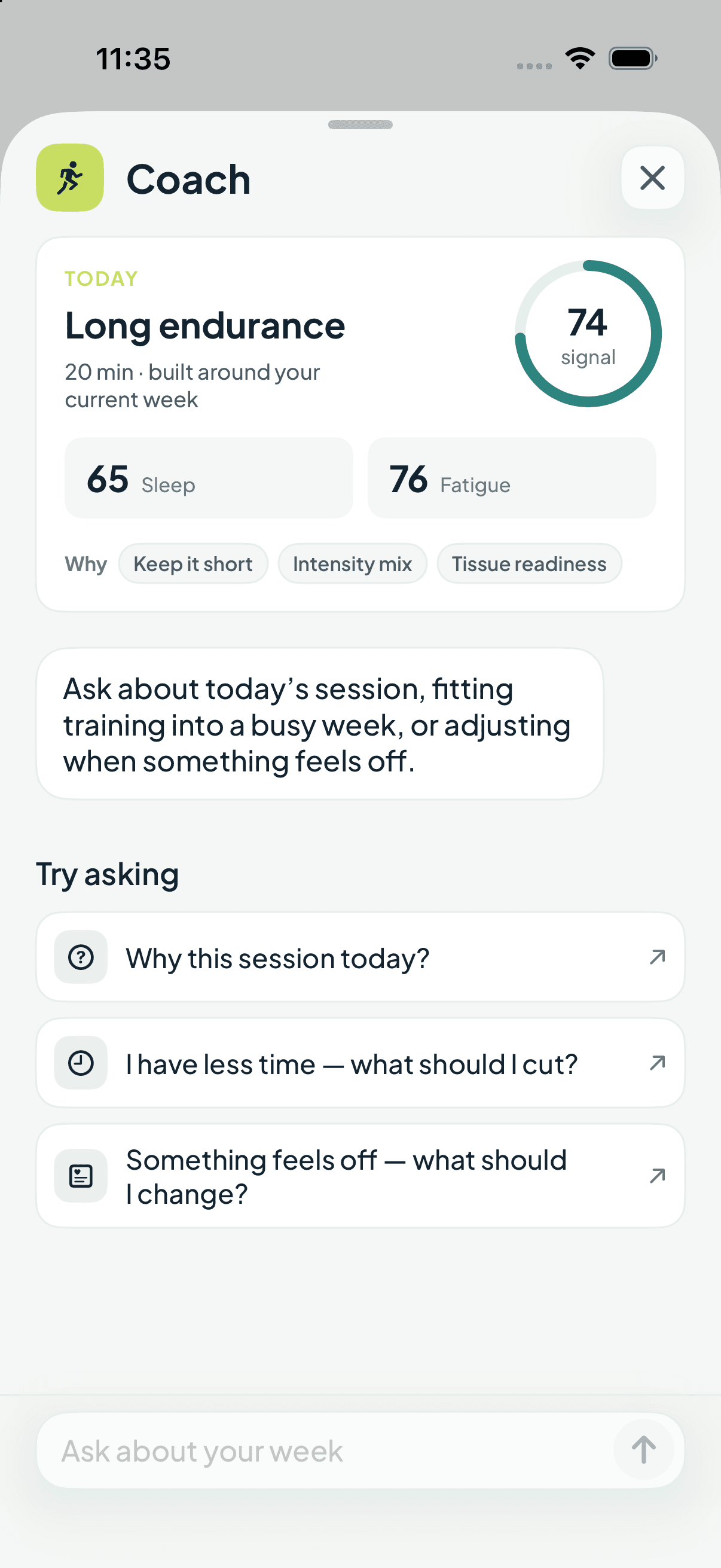 Reficio coaching screen with a session recommendation and training questions