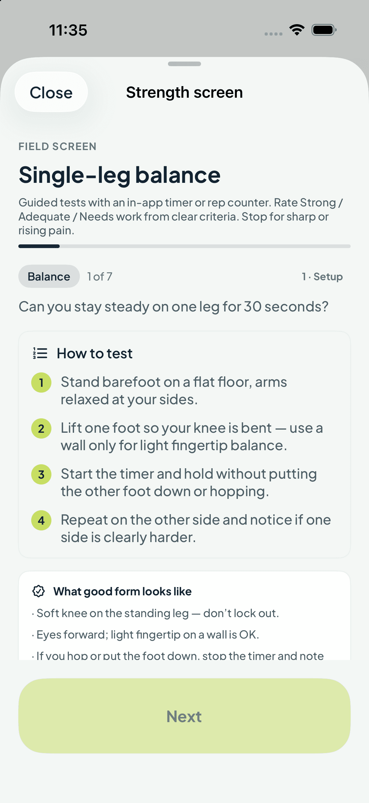 Reficio guided no-gym field check with instructions for strength work