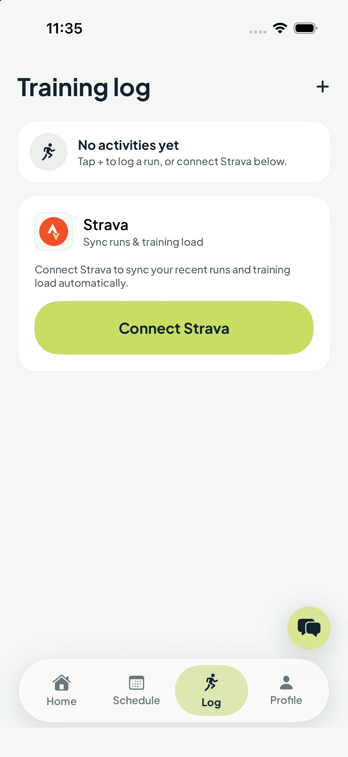 Reficio activity log with recent training and connection options