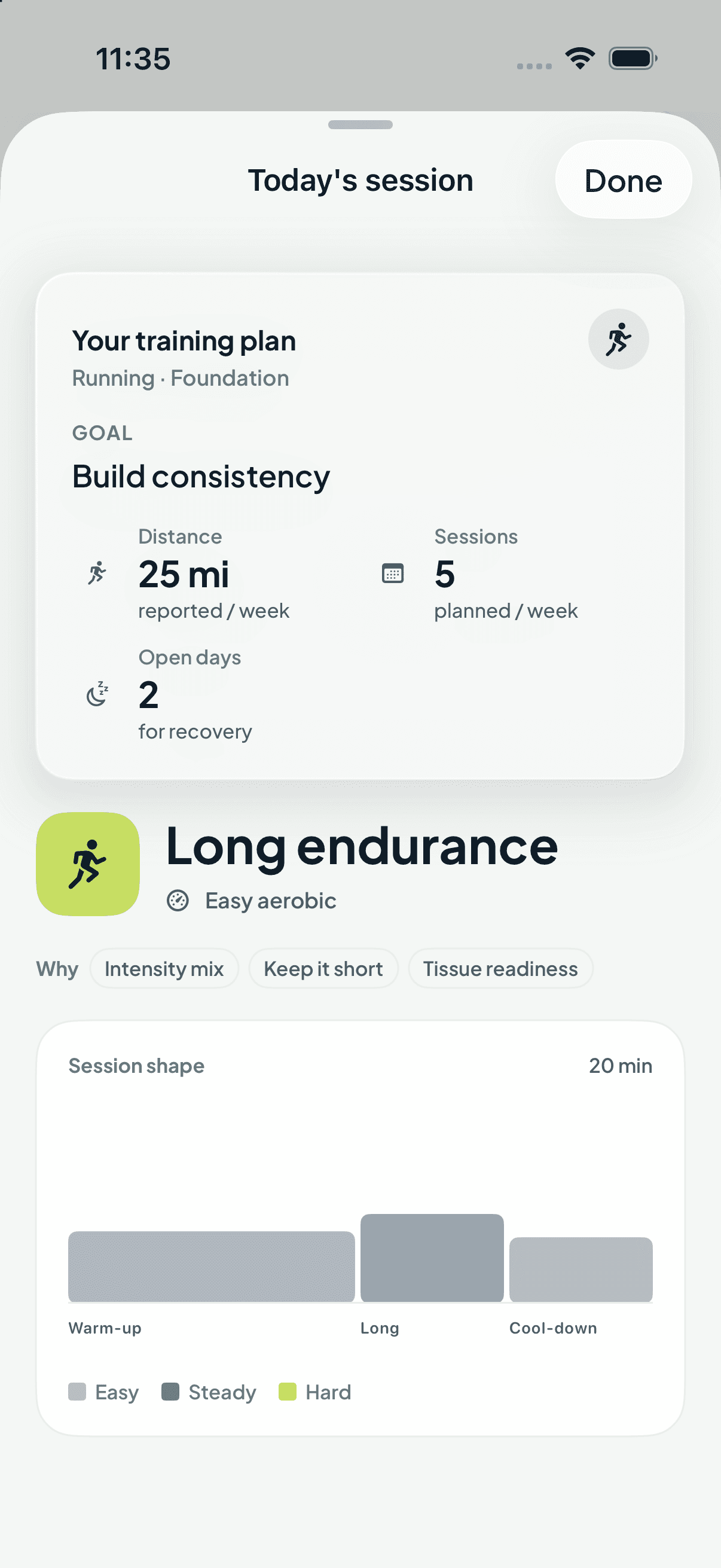 Reficio session details with the weekly running plan and session shape