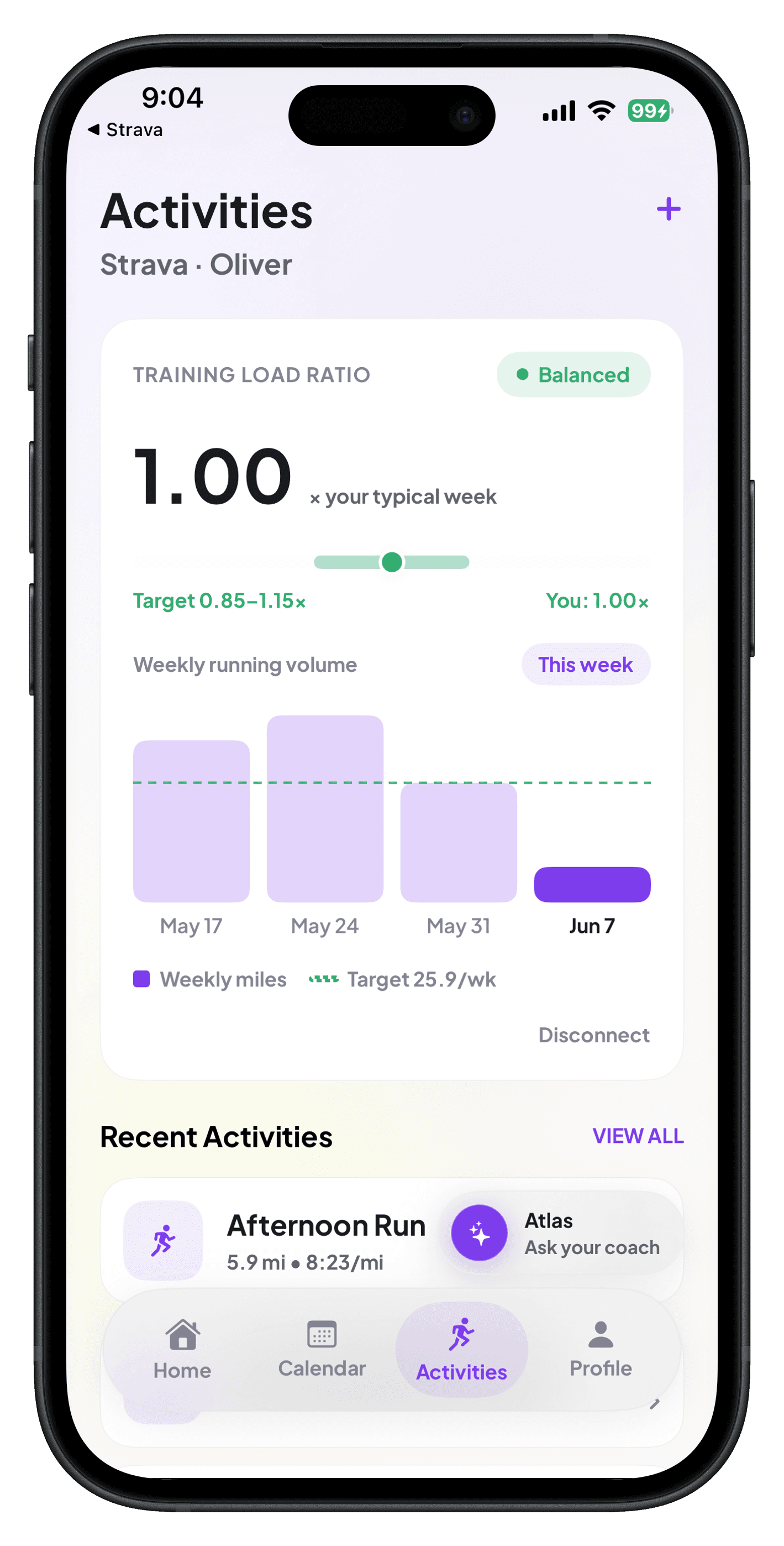Reficio activities screen with Strava training load ratio and weekly volume chart