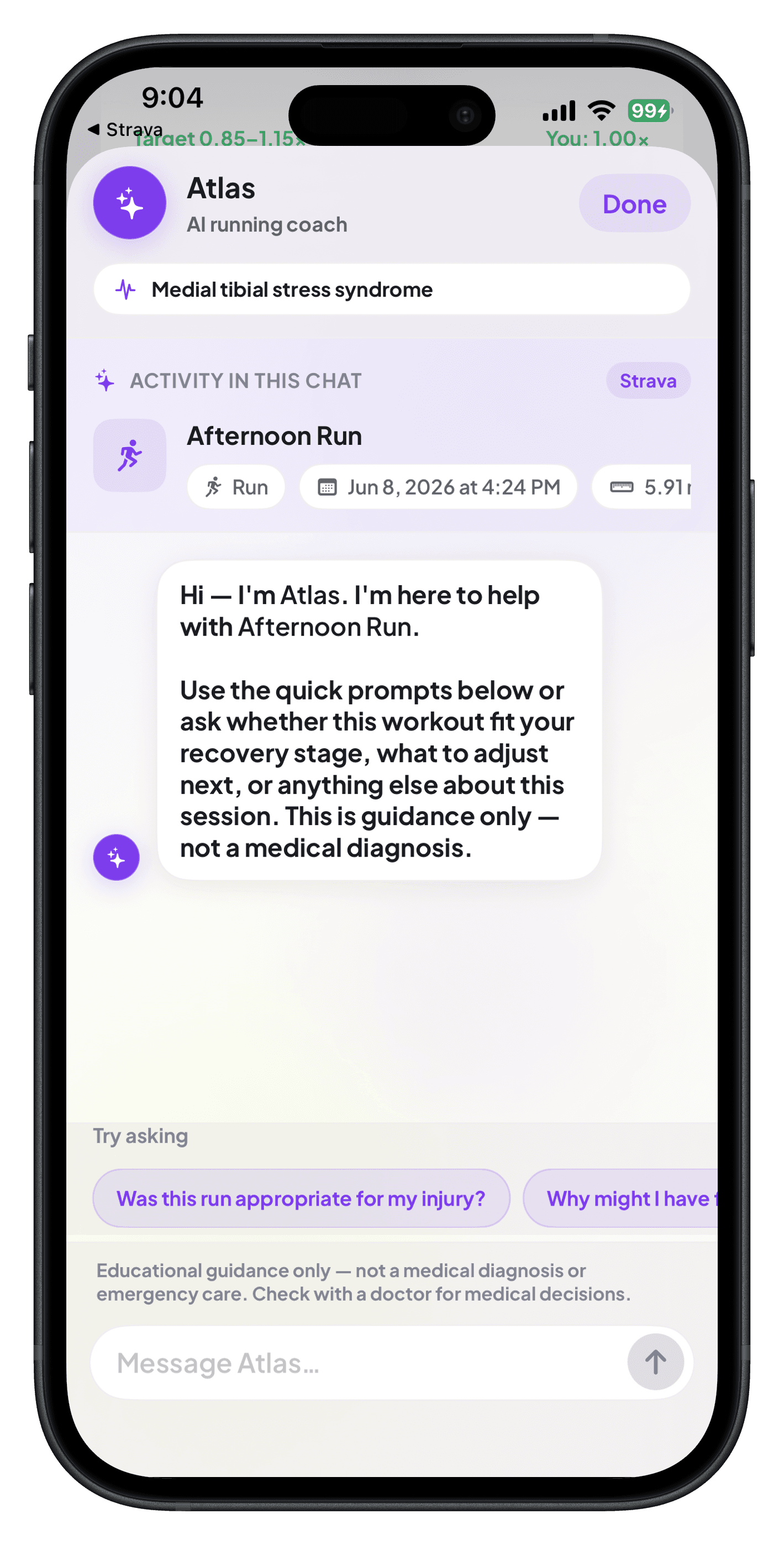 Atlas AI coach chat about a Strava run with educational guidance disclaimer