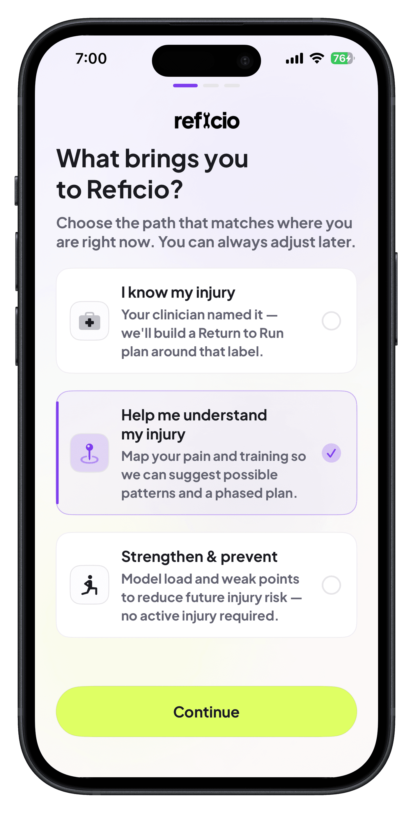Reficio onboarding screen to choose injury path or prevention focus