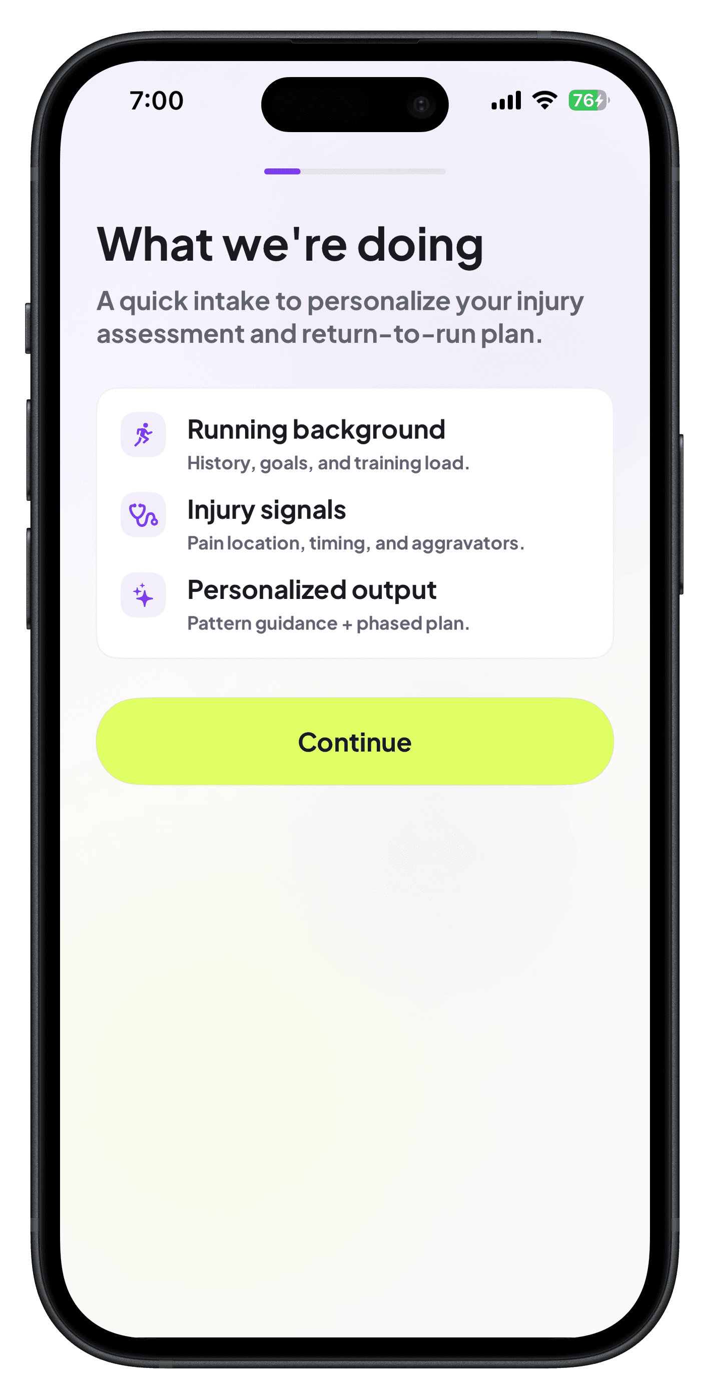 Reficio intake overview explaining running background, injury signals, and personalized output